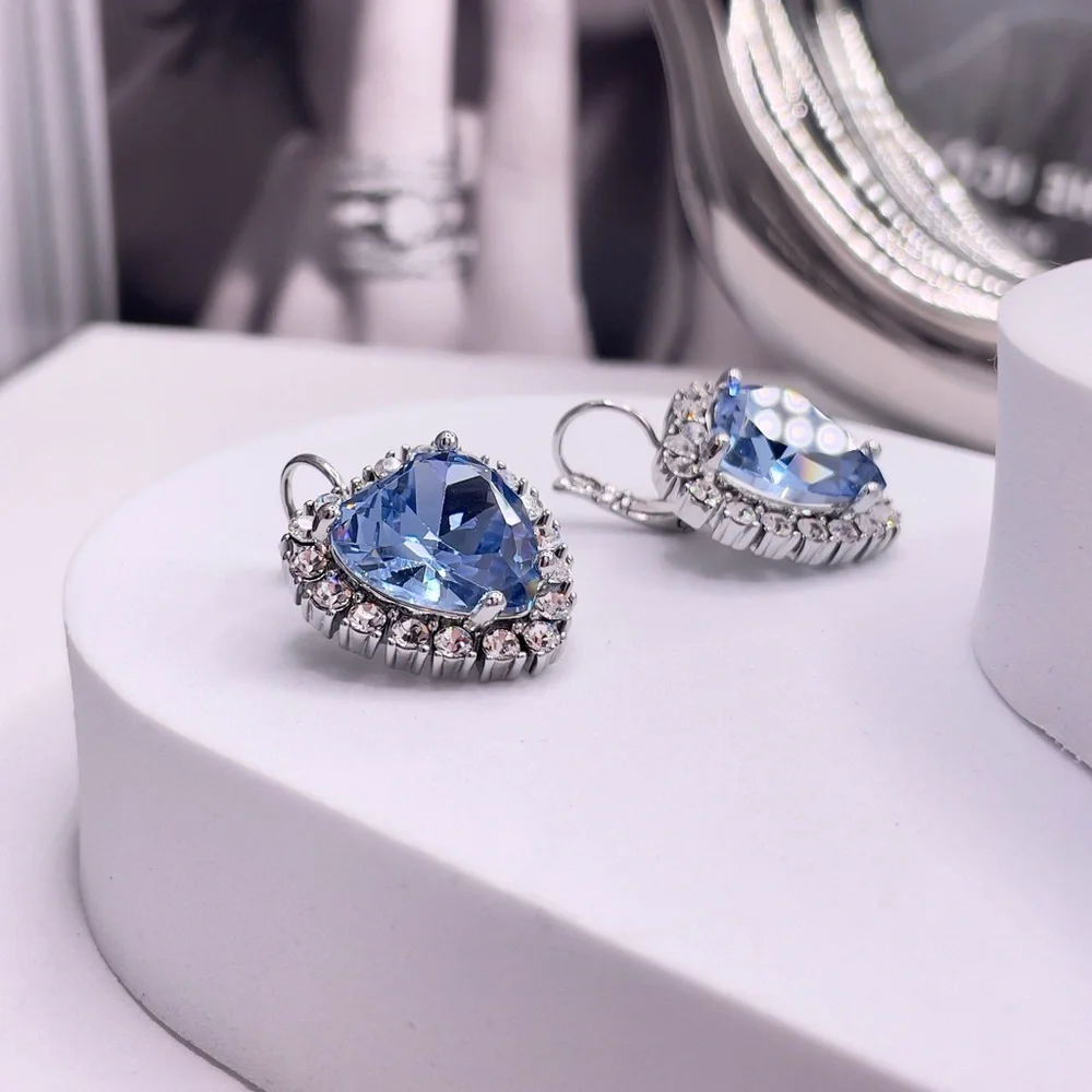 Light Blue Heart And Clear Crystals Silver Earrings, Sterling Silver Plated - Picture 4 of 5